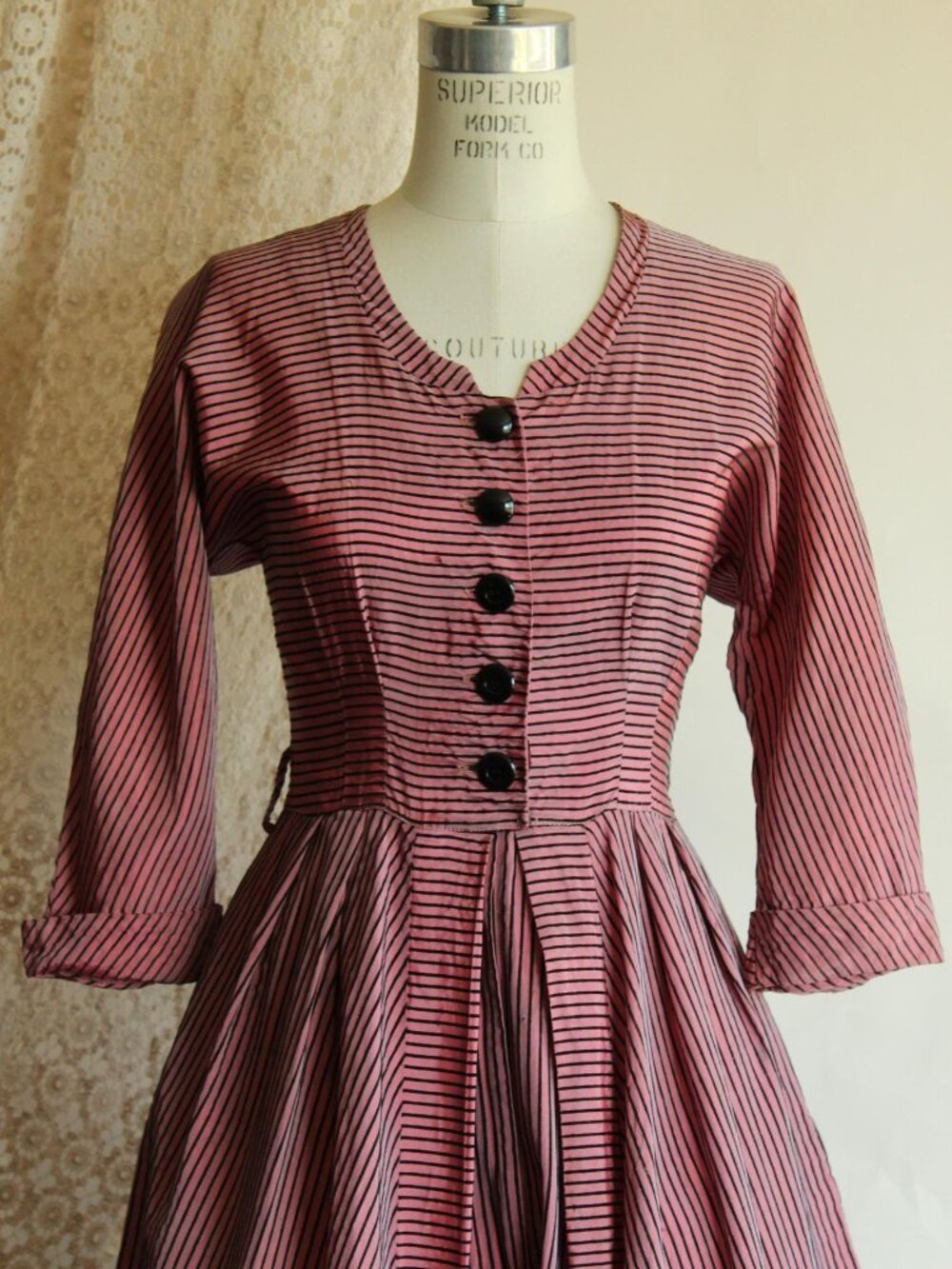 Vintage 1940s Dress, Dolly Myers Inc Pink and Black Striped Silk New Look, Full - Picture 3 of 16